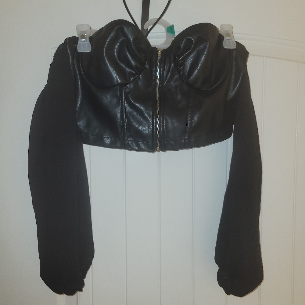 Faux Leather Crop Top Sheer Sleeves